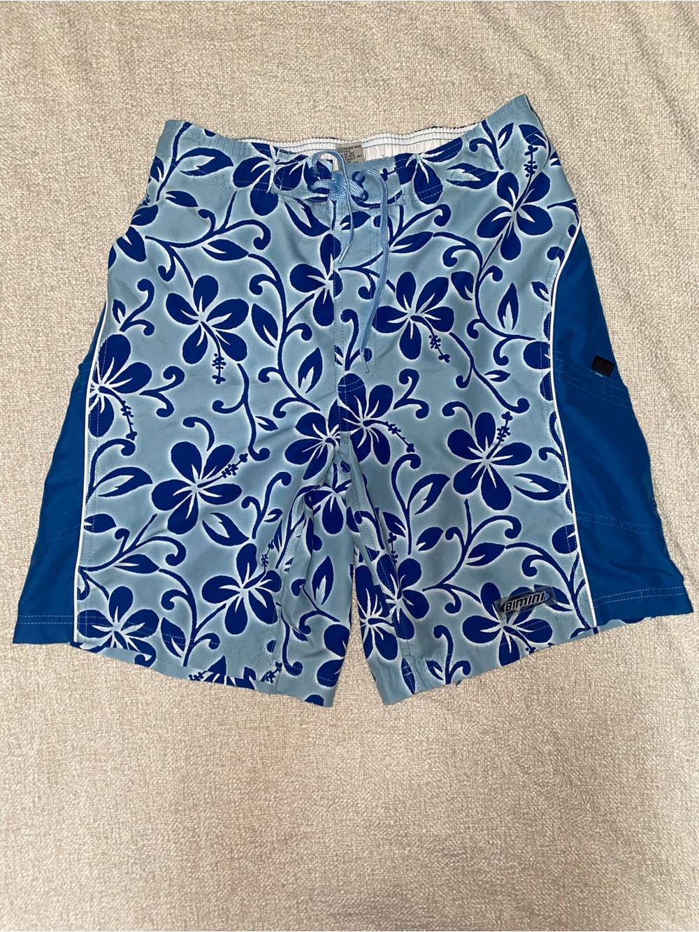 Bimini Bay Blue Hawaiian Floral Swim Trunks Mesh Lined Size Medium